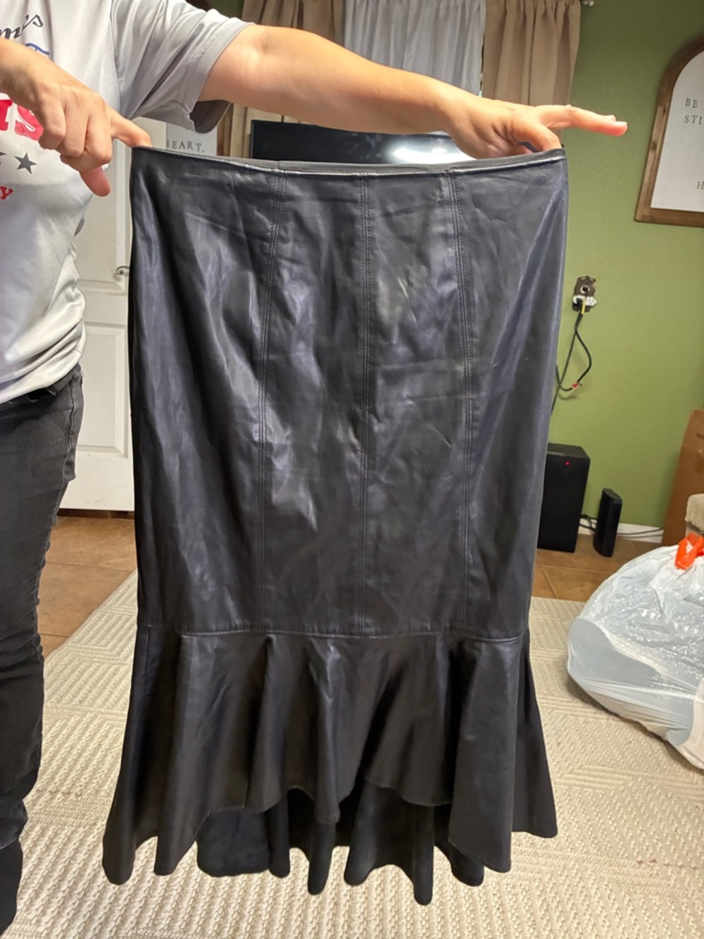New York & Company Black Faux Leather Midi Skirt with Ruffle Hem